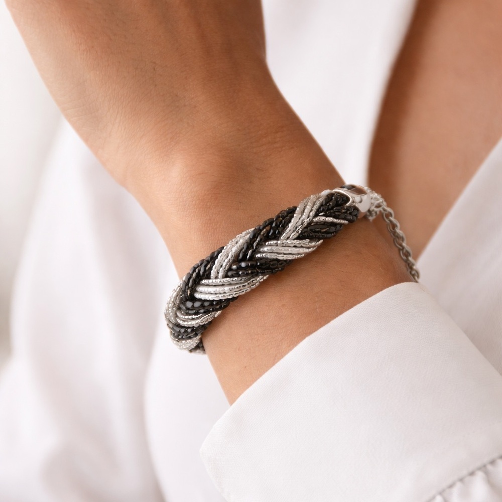 Black White Silver Gray Braided Seed Bead Statement Necklace Bracelet Set Cones - Picture 4 of 12